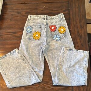 SHEIN Floral Embroidered Light Blue Wide Leg Jeans